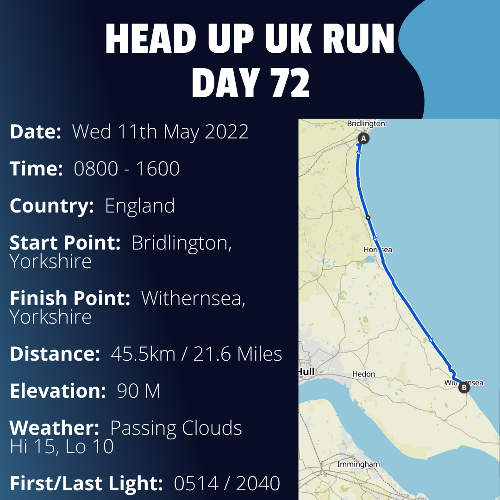 Run Route Day 72 - Bridlington, Yorkshire - Withernsea, Yorkshire If you would like to join Paul along this route or part of it, please feel free to turn up on the day. If you are able to set up a fundraiser at the same time, even better! Please go to the 'Paul's Run' page a select the fundraise for Pauls event link. This will take you to the JustGiving account where you can then set up your own fundraiser.If you are part of a group, business, organisation or establishment and would like to help or be involved on the day, please get in touch at paul@head-up.org.ukIf you are able to put a poster up anywhere in your local area, Please ask and we will be happy to send you as many copies as you need.