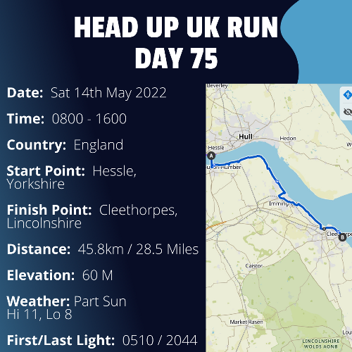 Run Route Day 75 - Hessle, Yorkshire - Cleethorpes, Lincolnshire If you would like to join Paul along this route or part of it, please feel free to turn up on the day. If you are able to set up a fundraiser at the same time, even better! Please go to the 'Paul's Run' page a select the fundraise for Pauls event link. This will take you to the JustGiving account where you can then set up your own fundraiser.If you are part of a group, business, organisation or establishment and would like to help or be involved on the day, please get in touch at paul@head-up.org.ukIf you are able to put a poster up anywhere in your local area, Please ask and we will be happy to send you as many copies as you need.