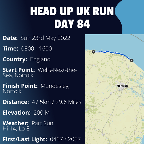 Run Route Day 84 - Wells-Next-The-Sea, Norfolk - Mundesley, Norfolk If you would like to join Paul along this route or part of it, please feel free to turn up on the day. If you are able to set up a fundraiser at the same time, even better! Please go to the 'Paul's Run' page a select the fundraise for Pauls event link. This will take you to the JustGiving account where you can then set up your own fundraiser.

If you are part of a group, business, organisation or establishment and would like to help or be involved on the day, please get in touch at paul@head-up.org.uk

If you are able to put a poster up anywhere in your local area, Please ask and we will be happy to send you as many copies as you need.