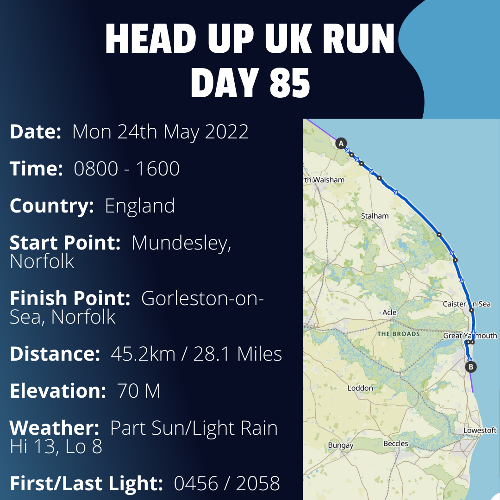 Run Route Day 85 - Mundesley, Norfolk - Gorleston-on-Sea, Norfolk If you would like to join Paul along this route or part of it, please feel free to turn up on the day. If you are able to set up a fundraiser at the same time, even better! Please go to the 'Paul's Run' page a select the fundraise for Pauls event link. This will take you to the JustGiving account where you can then set up your own fundraiser.If you are part of a group, business, organisation or establishment and would like to help or be involved on the day, please get in touch at paul@head-up.org.ukIf you are able to put a poster up anywhere in your local area, Please ask and we will be happy to send you as many copies as you need.