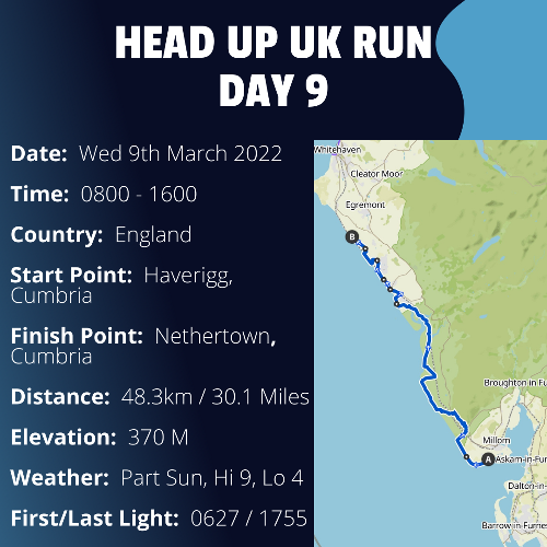 Run Route Day 9 - Haverigg, Cumbria - Nethertown, Cumbria If you would like to join Paul along this route or part of it, please feel free to turn up on the day. If you are able to set up a fundraiser at the same time, even better! Please go to the 'Paul's Run' page a select the fundraise for Pauls event link. This will take you to the JustGiving account where you can then set up your own fundraiser.If you are part of a group, business, organisation or establishment and would like to help or be involved on the day, please get in touch at paul@head-up.org.uk