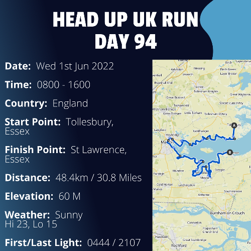 Run Route Day 94 - Tollesbury, Essex - St Lawrence, Essex If you would like to join Paul along this route or part of it, please feel free to turn up on the day. If you are able to set up a fundraiser at the same time, even better! Please go to the 'Paul's Run' page a select the fundraise for Pauls event link. This will take you to the JustGiving account where you can then set up your own fundraiser.If you are part of a group, business, organisation or establishment and would like to help or be involved on the day, please get in touch at paul@head-up.org.ukIf you are able to put a poster up anywhere in your local area, Please ask and we will be happy to send you as many copies as you need.