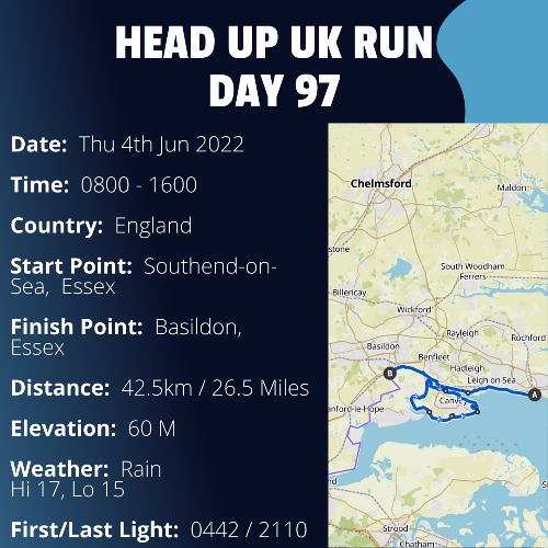 Run Route Day 97 - Southend-on-Sea, Essex - Basildon, Essex If you would like to join Paul along this route or part of it, please feel free to turn up on the day. If you are able to set up a fundraiser at the same time, even better! Please go to the 'Paul's Run' page a select the fundraise for Pauls event link. This will take you to the JustGiving account where you can then set up your own fundraiser.

If you are part of a group, business, organisation or establishment and would like to help or be involved on the day, please get in touch at paul@head-up.org.uk

If you are able to put a poster up anywhere in your local area, Please ask and we will be happy to send you as many copies as you need.