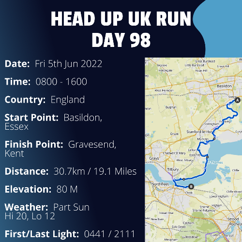 Run Route Day 98 - Basildon, Essex - Gravesend, Kent If you would like to join Paul along this route or part of it, please feel free to turn up on the day. If you are able to set up a fundraiser at the same time, even better! Please go to the 'Paul's Run' page a select the fundraise for Pauls event link. This will take you to the JustGiving account where you can then set up your own fundraiser.

If you are part of a group, business, organisation or establishment and would like to help or be involved on the day, please get in touch at paul@head-up.org.uk

If you are able to put a poster up anywhere in your local area, Please ask and we will be happy to send you as many copies as you need.